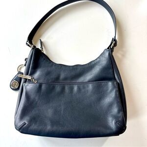 Giani Bernini Nappa Leather Hobo Navy Shoulder Zip Top Handbag Bag Silver Purse